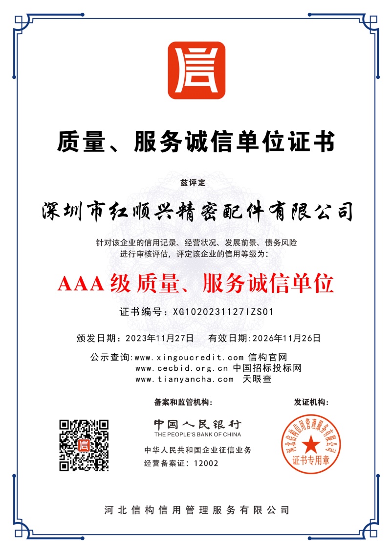 質量，服務誠信單位證書